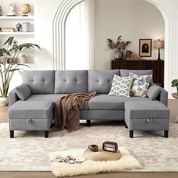 U-Shaped Sectional Sofa with Storage Ottoman