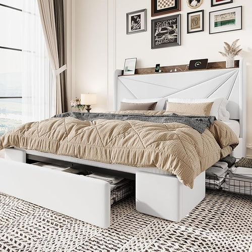 Velvet Storage Bed Frame with Charging Ports