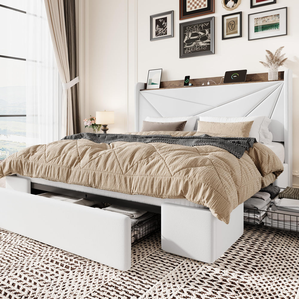Velvet Storage Bed Frame with Charging Ports