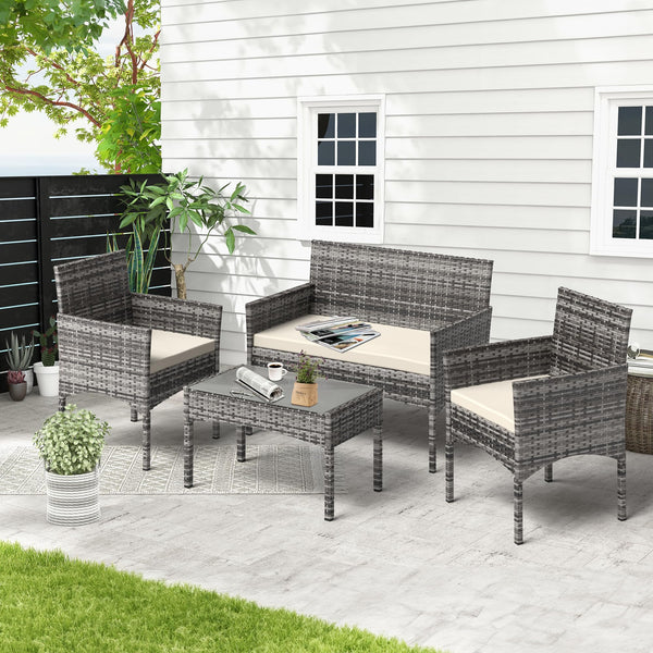 4-Piece Outdoor Wicker Patio Conversation Set with Cushions & Table