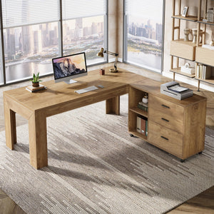 63" L-Shaped Executive Desk with File Cabinet, Drawers & Shelves