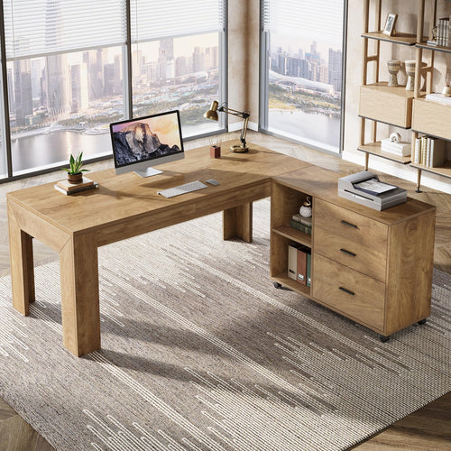 63" L-Shaped Executive Desk with File Cabinet, Drawers & Shelves