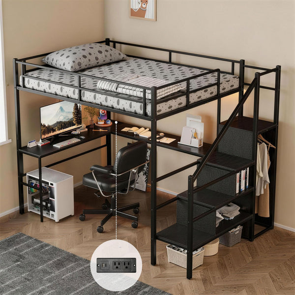 Full Size Metal Loft Bed with Desk, Storage & LED Light