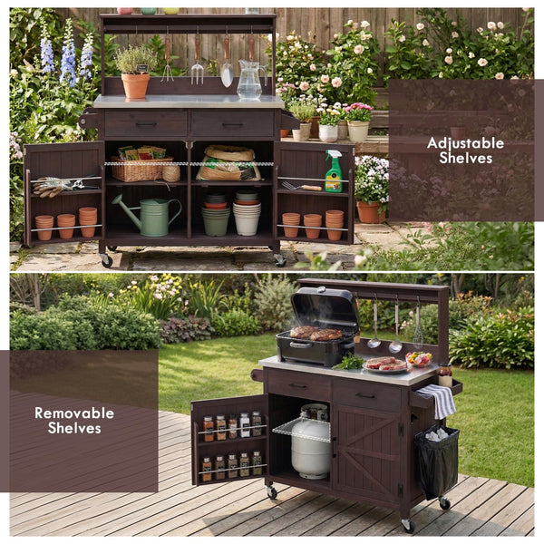 Outdoor Kitchen Island with High Shelf and Storage Cabinet