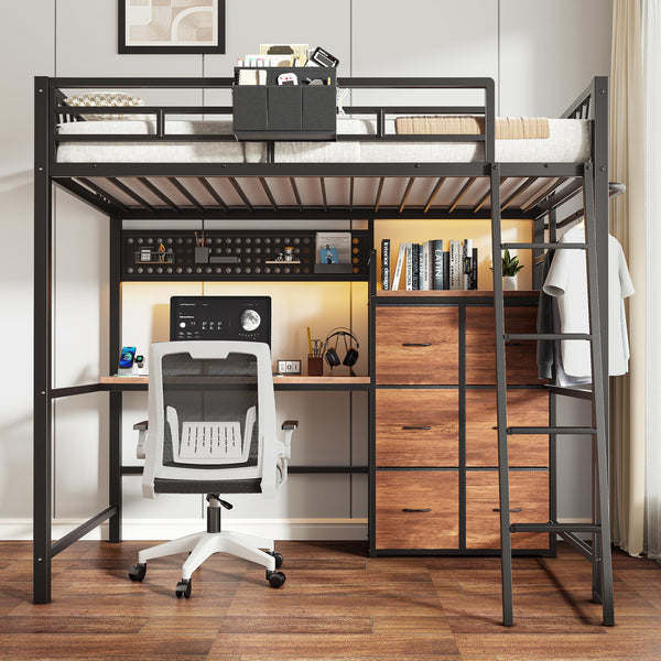 Twin Loft Bed with Desk, Storage Drawers & LED Lights