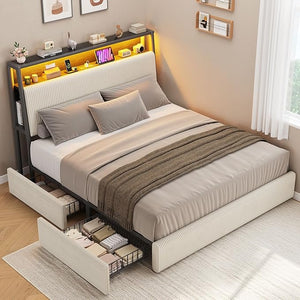 Queen LED Platform Bed with Storage Drawers & Bookcase Headboard