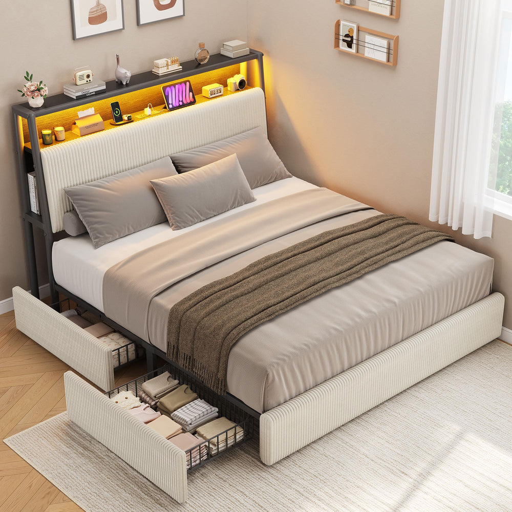 Queen LED Platform Bed with Storage Drawers & Bookcase Headboard