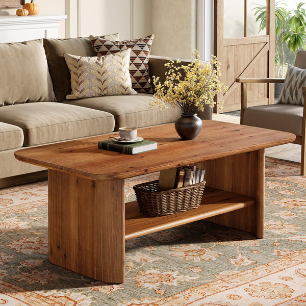 Solid Wood Coffee Table with 2-Tier Storage