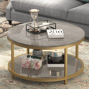 Round Coffee Table with Open Shelf, 33.5" Faux Marble Top, Gold Metal Legs