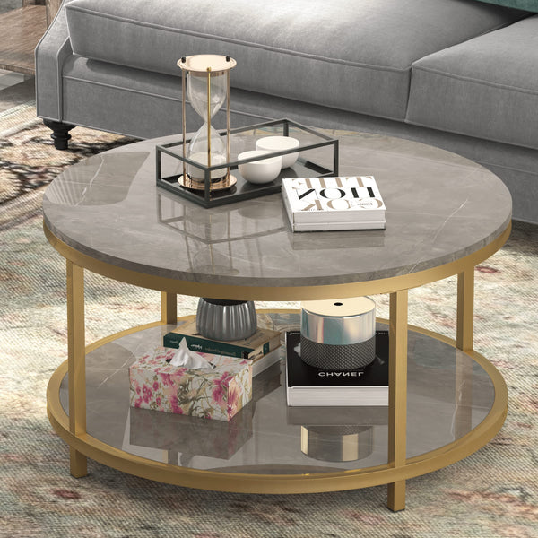 Round Coffee Table with Open Shelf, 33.5" Faux Marble Top, Gold Metal Legs