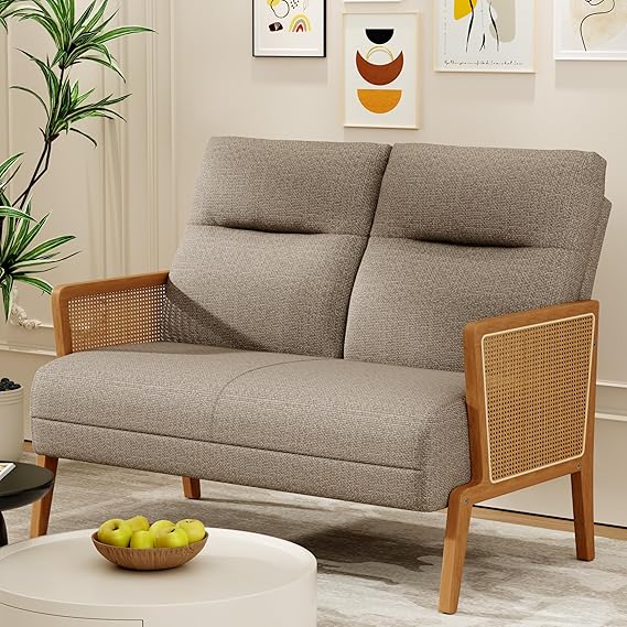 Rattan Arm Loveseat Settee – Upholstered 2-Seat Sofa