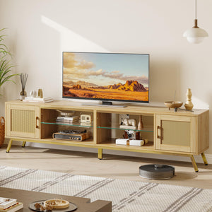 80-Inch Rattan TV Stand with LED Lights & Storage