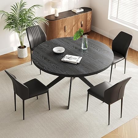 46.4" Round Dining Table Set for 4-6 – Steel Legs, Upholstered Chairs