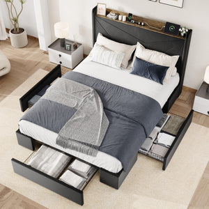Velvet Platform Bed with Storage Drawers & USB Ports
