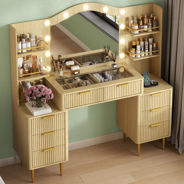 55" Fluted Makeup Vanity Desk with Mirror, LED Lights & Power Outlet