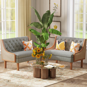 Rattan Arm Loveseat Settee – Upholstered Mid-Century Modern Bench Sofa