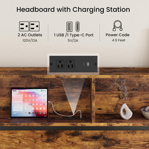 Queen Headboard with LED Light & Charging Station