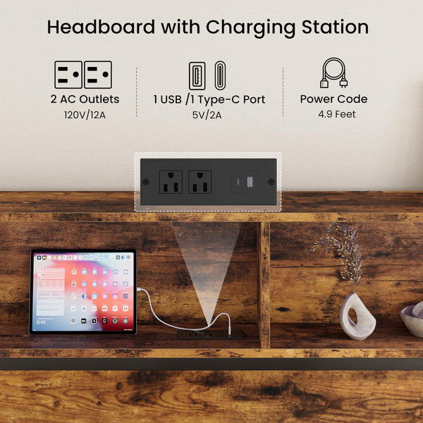 Queen Headboard with LED Light & Charging Station