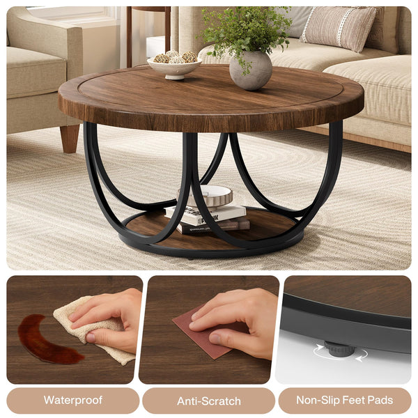 Round Coffee Table with Storage Shelf, 2-Tier Metal Frame
