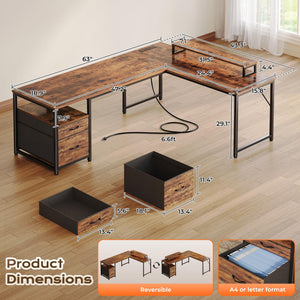 L-Shaped Desk with Power Outlets, USB-C & Storage Drawers