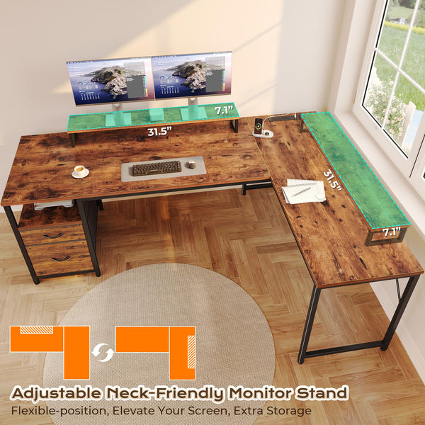 L-Shaped Desk with Power Outlets, USB-C & Storage Drawers