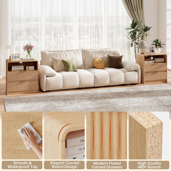 Fluted Nightstand Set of 2 with Charging Station