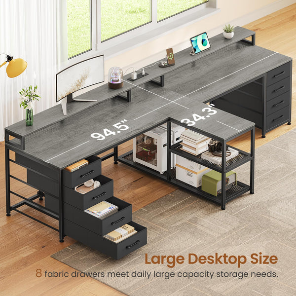 94.5" 2-Person Desk with Drawers, LED Lights, Monitor Stand & Power Strip
