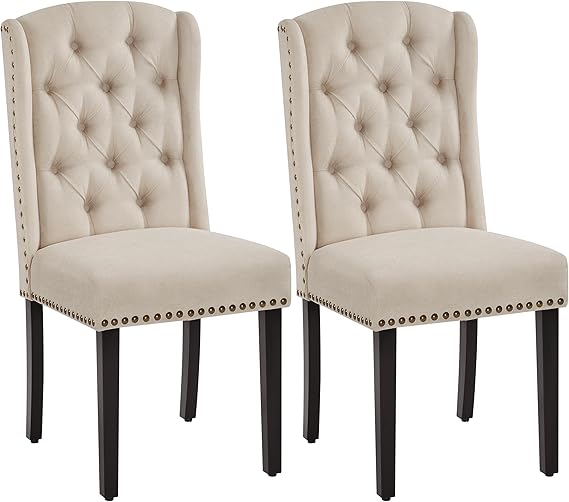 Button-Tufted Upholstered Dining Chairs with Solid Wood Legs – Beige