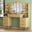 55" Fluted Makeup Vanity Desk with Mirror, LED Lights & Power Outlet
