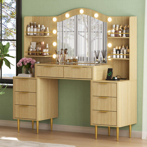 55" Fluted Makeup Vanity Desk with Mirror, LED Lights & Power Outlet