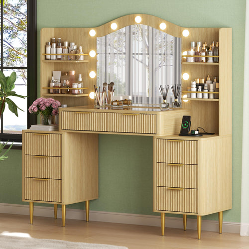55" Fluted Makeup Vanity Desk with Mirror, LED Lights & Power Outlet