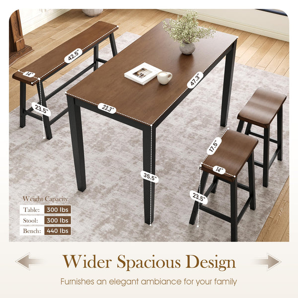 Counter Height Dining Table Set with Bench and Chairs – 5-Piece Wood Kitchen Set