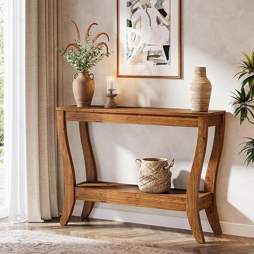 Solid Wood Farmhouse Console Table with 2-Tier Shelf