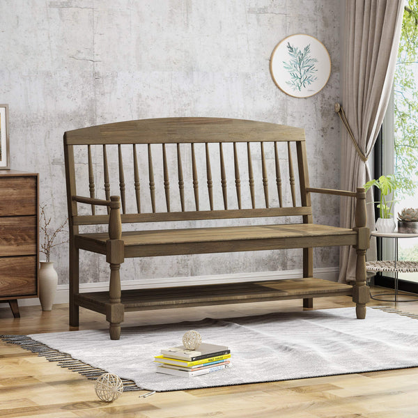Farmhouse Acacia Wood Bench with Shelf – Gray