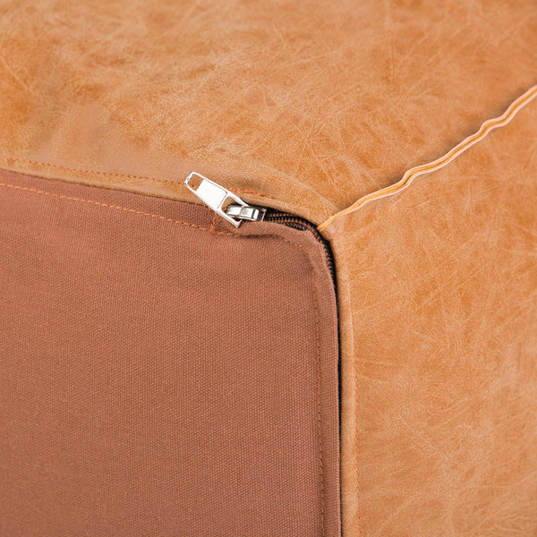 Square Pouf Ottoman – 18" x 14" Vegan Leather, Distressed Brown
