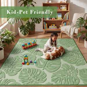 Green Monstera High-Low Plush Area Rug