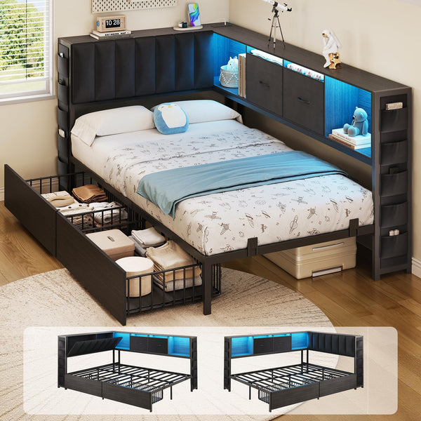 Twin Corner Bed Frame with Storage Headboard, LED Lights & Charging Station