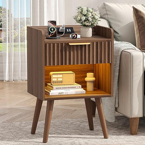 Nightstand Set of 2 with Charging Station, Drawer & RGB LED – Walnut