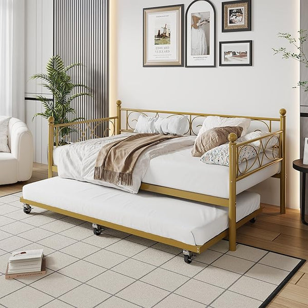 Twin Daybed with Trundle – Metal Frame, Space-Saving Sofa Bed
