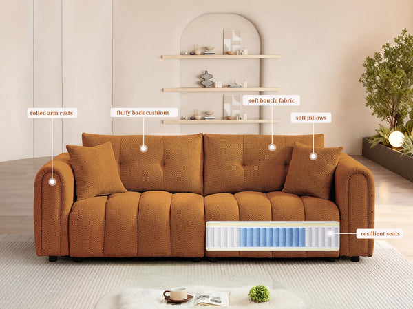 Tufted Boucle Sofa with Rolled Arms - 3-Seat Oversized Loveseat