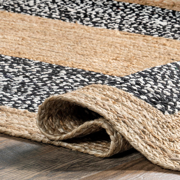 6' Round Black Geometric Cotton Jute Area Rug