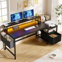 L-Shaped Office Desk with Drawers, Monitor Stand & Power Outlets