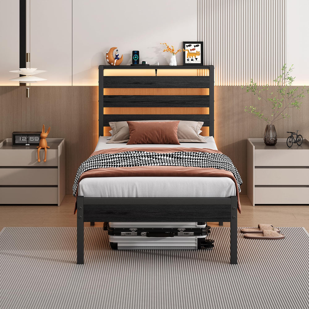 Metal Platform Bed Frame with LED Lights, USB Charging & Storage Headboard