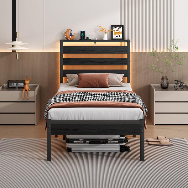 Metal Platform Bed Frame with LED Lights, USB Charging & Storage Headboard