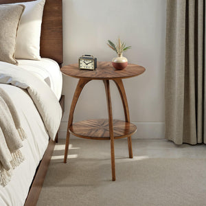 Round Wood End Table with Lower Shelf – Mid-Century Modern, Nutmeg Brown