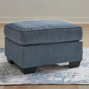 Blue Crosshatched Accent Ottoman with Wood Legs