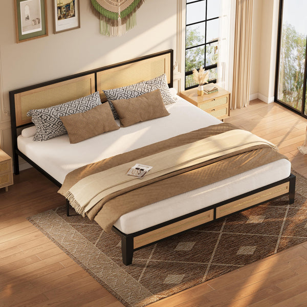 Boho Platform Bed Frame with Rattan Headboard & Underbed Storage