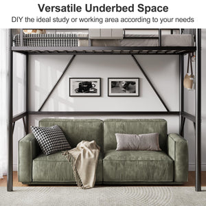 Twin Metal Loft Bed with Guardrails & Convertible Ladder
