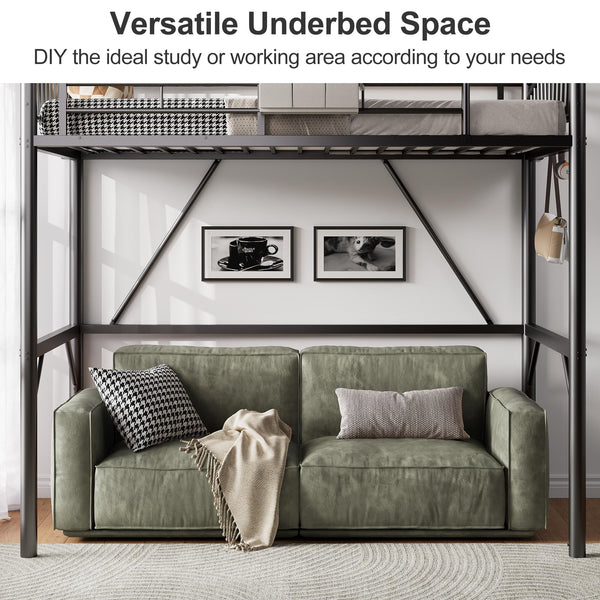 Twin Metal Loft Bed with Guardrails & Convertible Ladder