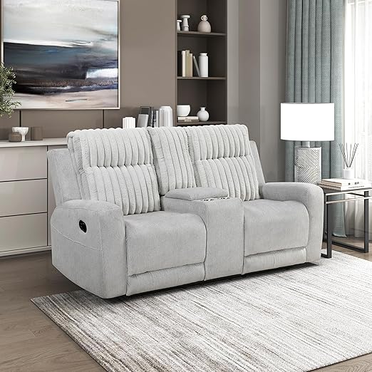 Light Gray Manual Reclining Sofa with Corduroy Upholstery
